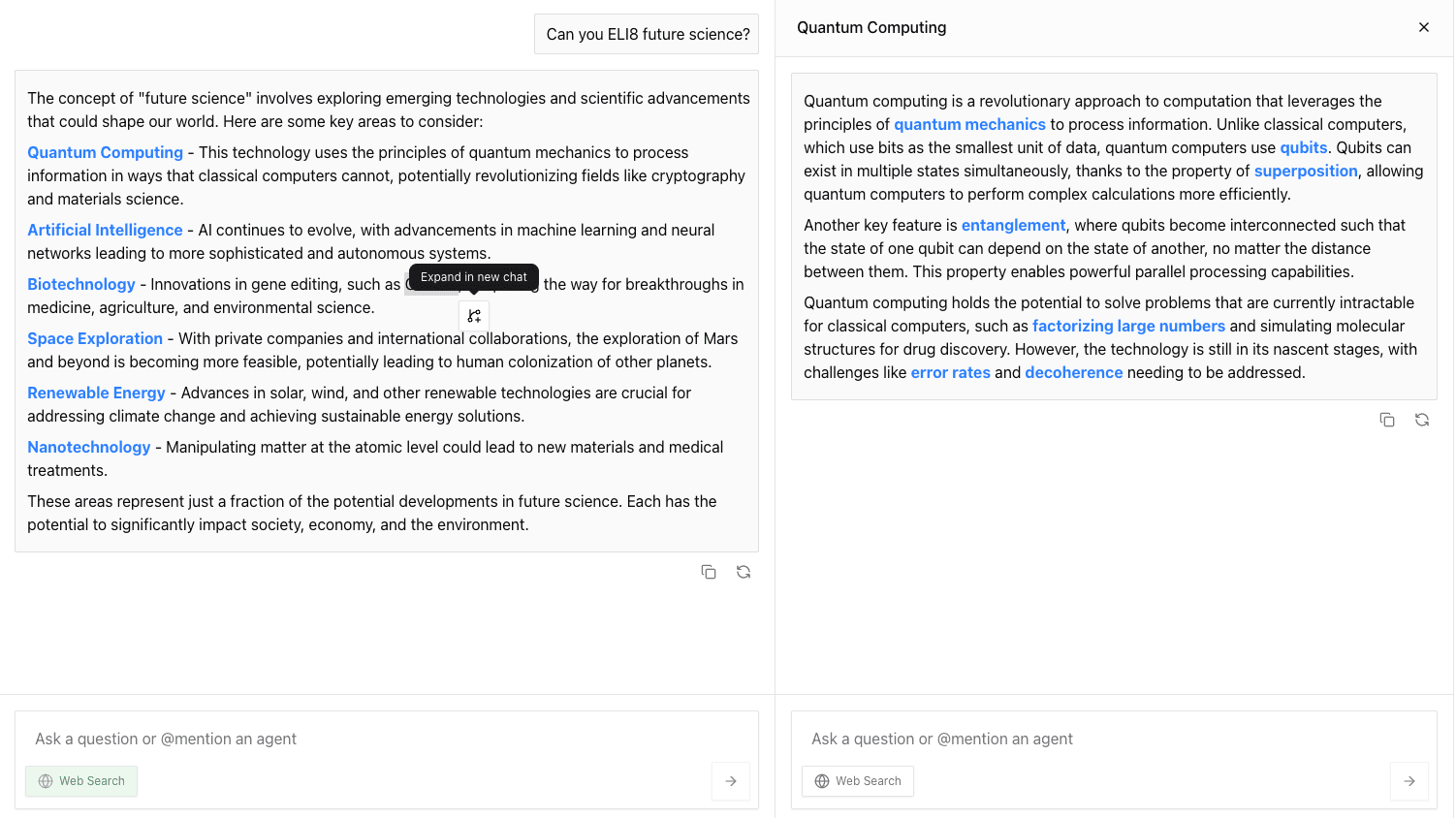 A two-panel AI chat interface showing progressive disclosure. The left panel contains the main chat asking 'Can you ELI8 future science?' with clickable blue terms like 'Quantum Computing' and 'Artificial Intelligence.' The right panel shows an expanded 'Quantum Computing' explanation with its own expandable terms.