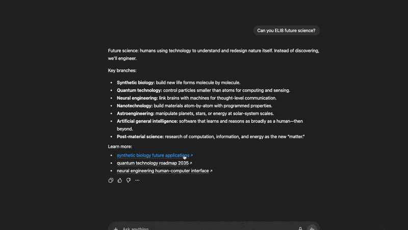 Screenshot of a ChatGPT response explaining quantum computing for a 10-year-old. At the bottom, there are three hyperlinks to Google searches about qubits, quantum speed, and applications.